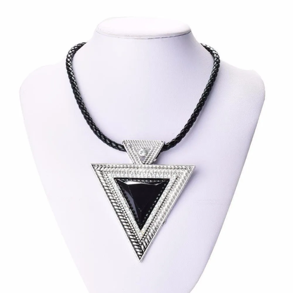Fashion lackingone jewelry christmas gift Vintage Triangle Statement Necklace Rhinestone Necklaces & pendants Leather chain