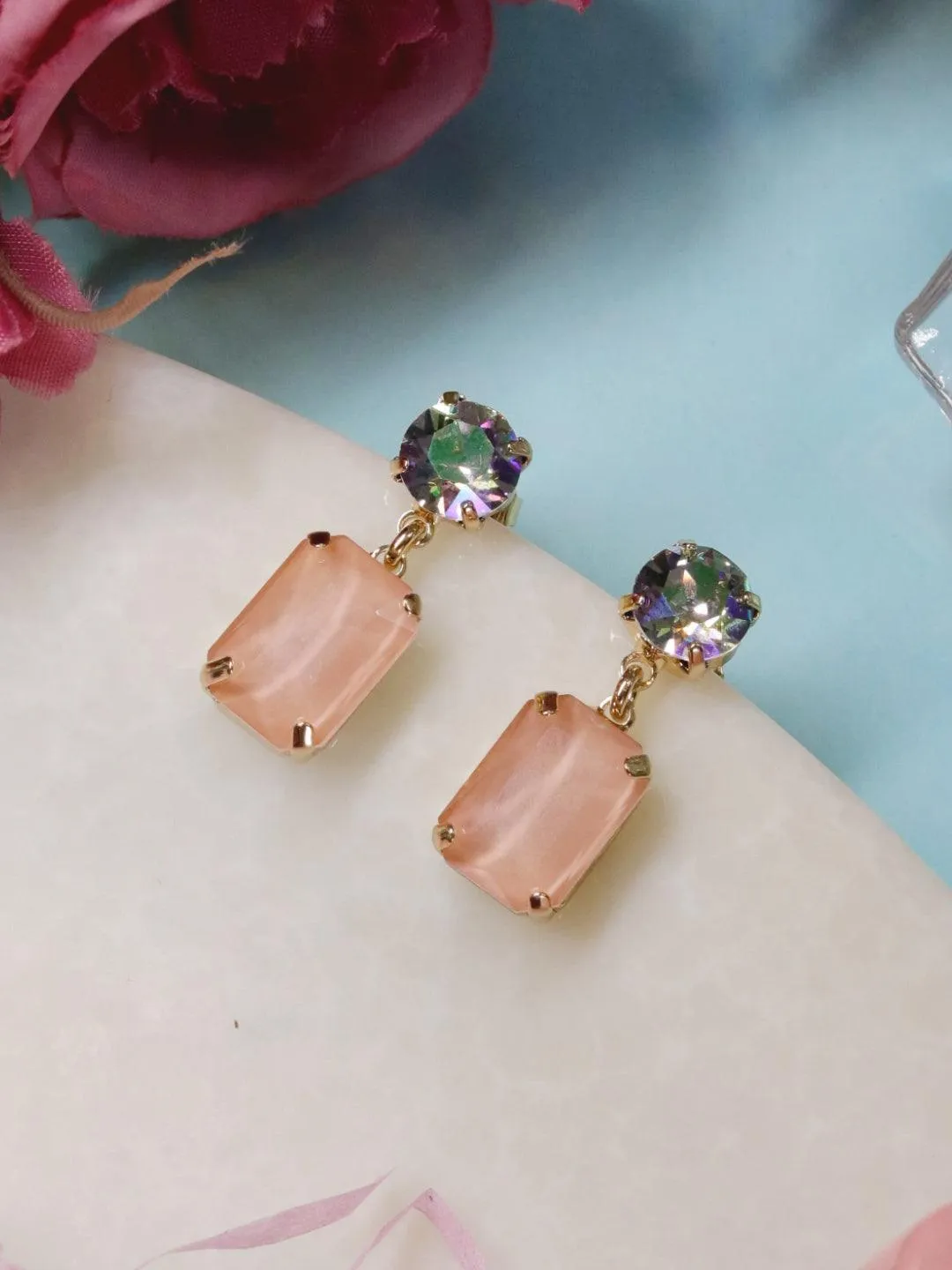 Irridescent Square Drop Earrings Pink