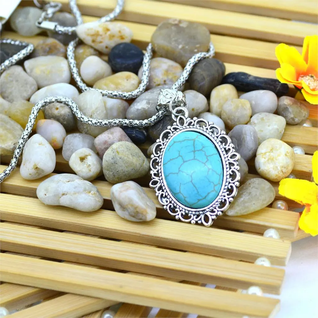New Arrive Oval Turquoise Statement Necklace Silver Color Jewelry Fashion Chain Necklace for Women Fine Jewelry