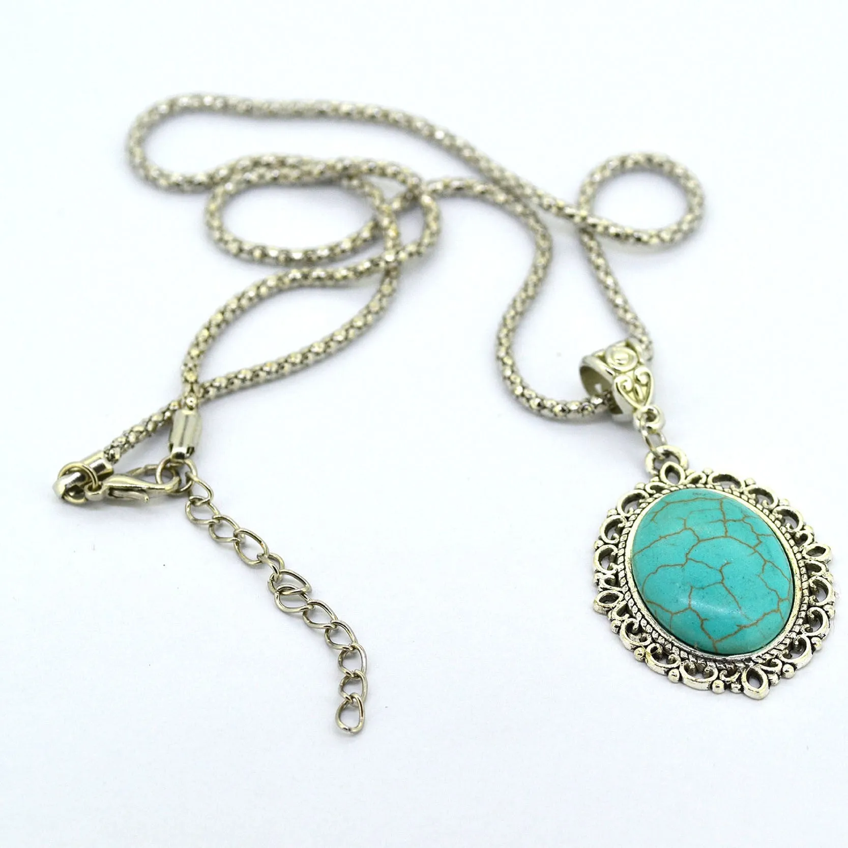 New Arrive Oval Turquoise Statement Necklace Silver Color Jewelry Fashion Chain Necklace for Women Fine Jewelry
